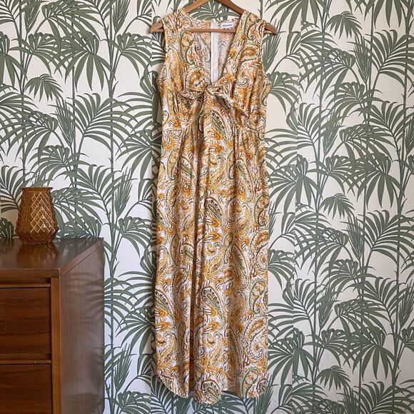 Chloe + Rene Dresses & Skirts - Chloe + Rene Tie V Neck Gold Green Paisley 100% Cotton Maxi Dress Size Small